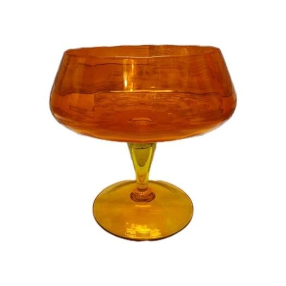 Vintage MCM Empoli Block Optic Tangerine Footed Compote Glows Vaseline Glass